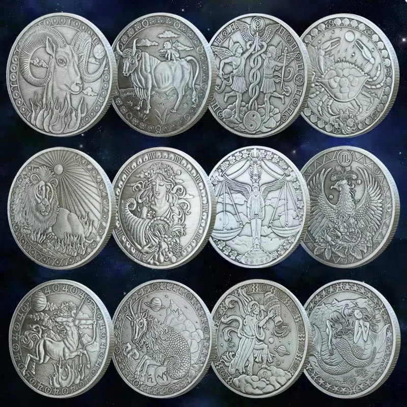 Retro 12 Constellation Commemorative Coins Ancient Silver Collectible Souvenir Coins Birthday Wishing Coin Gifts