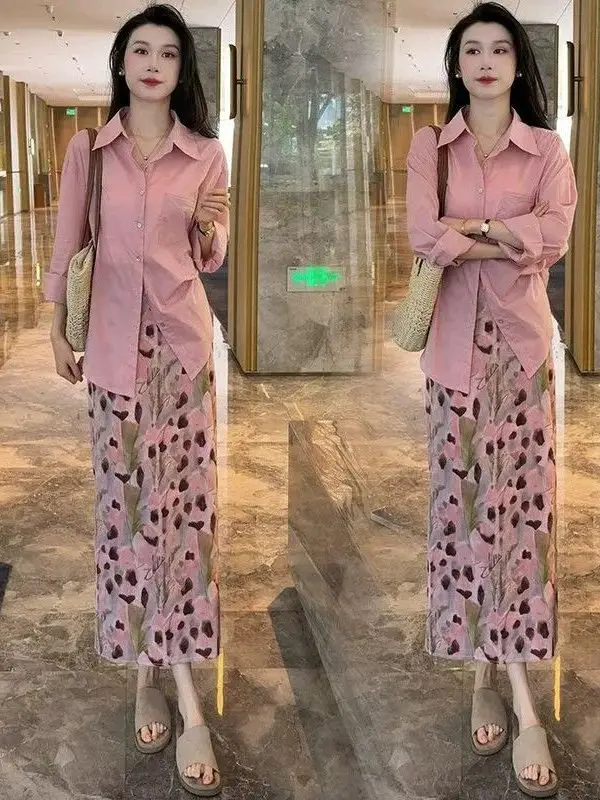 Elegant Long Sleeve Printed Shirt And High Waist Skirt Two Piece Set for Women Summer Fashion Outfit Slimming Effect