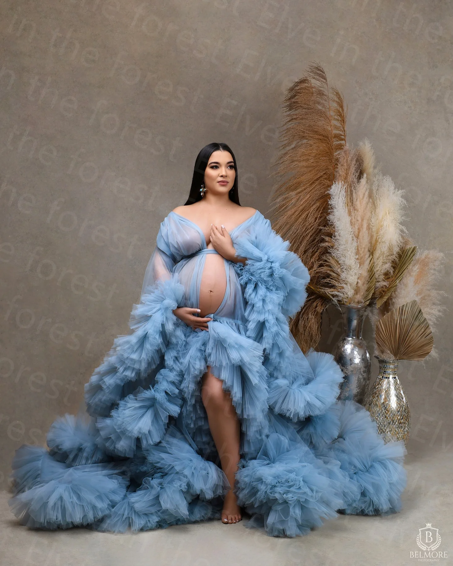 Charming Blue Maternity Robes for Photoshoot A Line Tiered Ruffles Pregnant Women Dresses Sexy Floor Length Babyshower Gowns