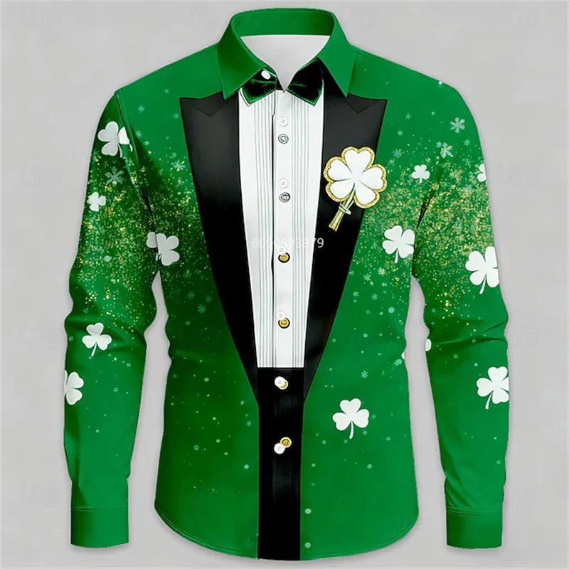 

Мужская рубашка с воротником четырехлистного клевера на День святого Валентина, модная повседневная праздничная рубашка с отложным воротником