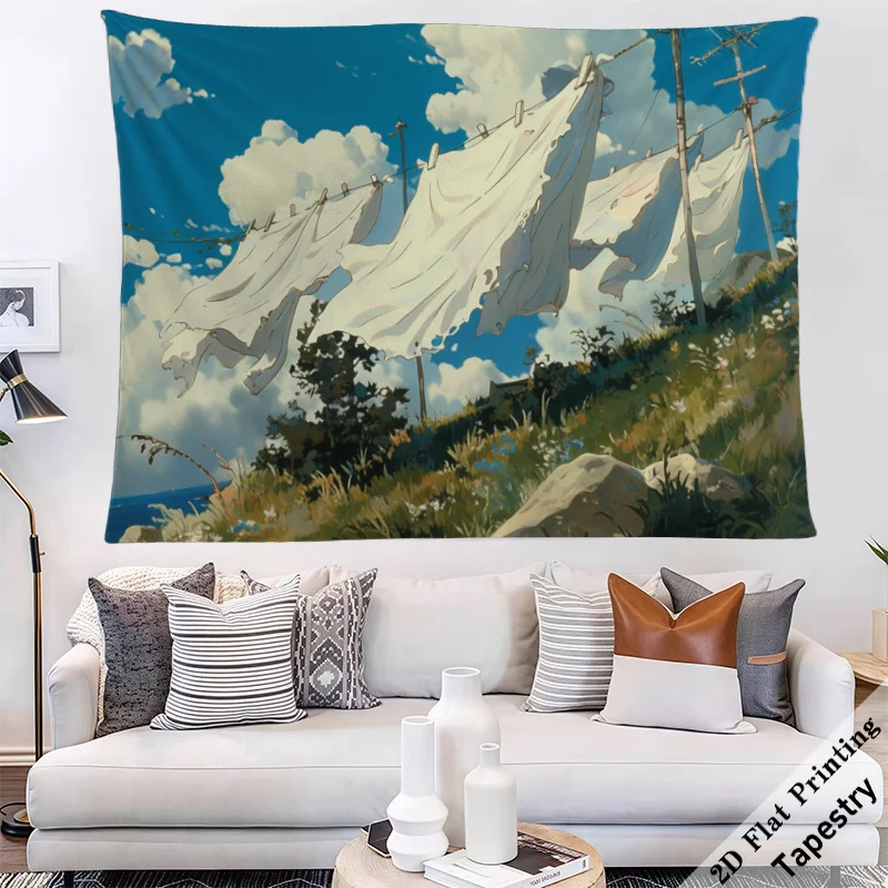 Cottagecore Summer Clothesline Tapestry Wall Hanging Boho Farmhouse Sky Laundry Art Rustic Nursery Decor Tapestry Print