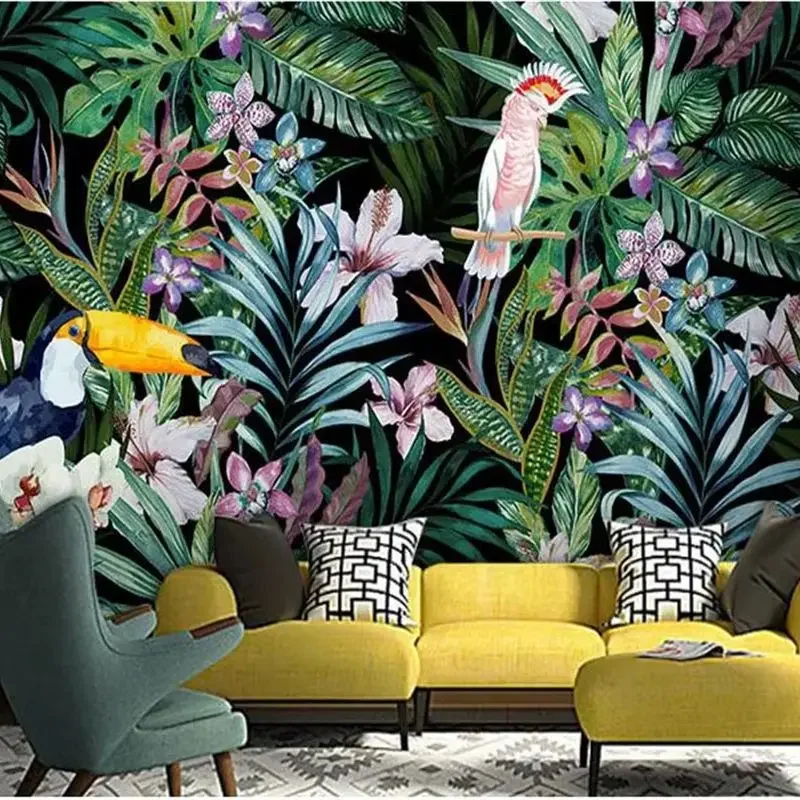 Custom mural watercolor flowers and birds wallpaper 3d tropical rain forest oil painting restaurant sofa background  home decor