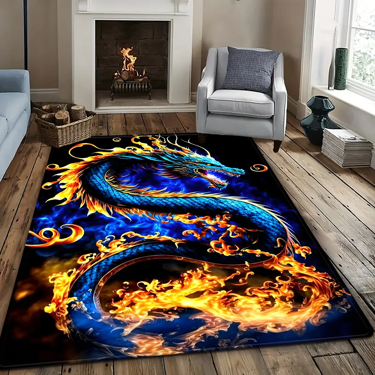 Vivid Flame Dragon Rug – Fiery Blue & Orange Dragon Design, Soft Fade-Resistant Polyester for Bedroom or Living Room - view 4