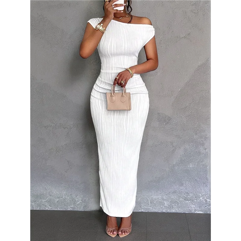 ABP-robe Maxi élégante pour femmes, manches courtes, moulante, Cocktail, bal d'été, épaules dénudées obliques