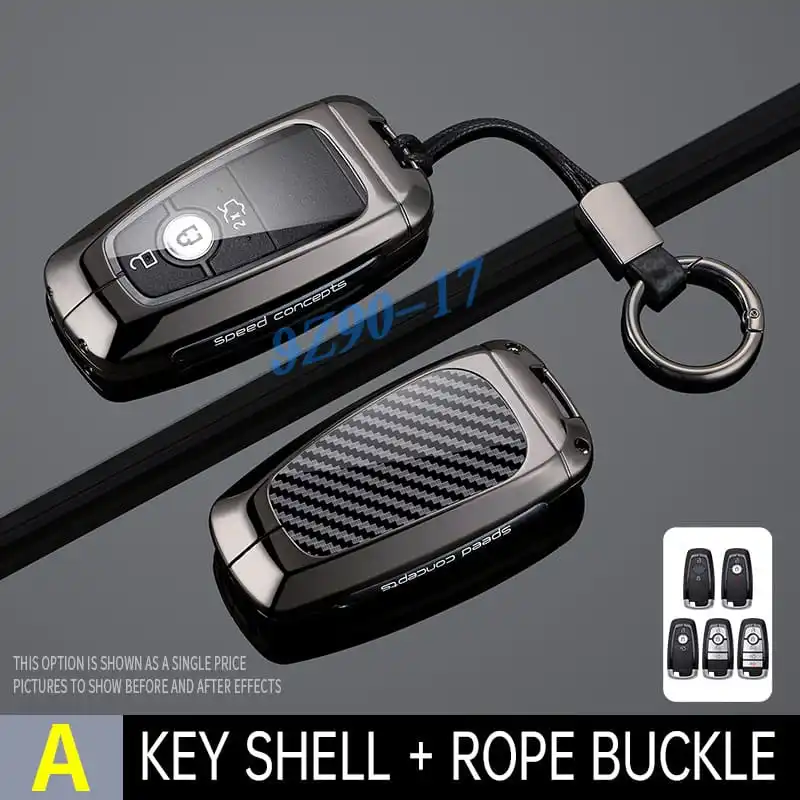 Metal Carbon Fiber Car Key Fob Case Cover Keychain For Bag Ford Escape F150 Explorer Kuga Edge Bronco Sport Ecosport Mustang