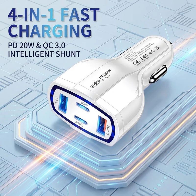 

4-in-1 63W Auto Charger Power Adapter Dual Type C PD 20W QC 3.0 USB Ports Fast Charging For Mobile Phones, Tablets, Cameras