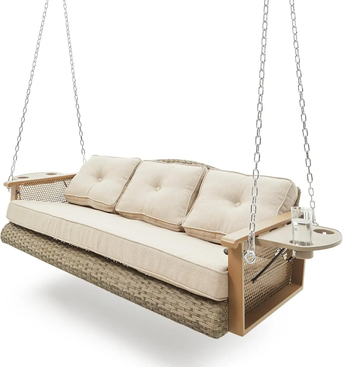 3-Seat Hanging Porch Swing with Cup Holders, Wicker Porch Swing with Cushions, Heavy Duty Front Porch
