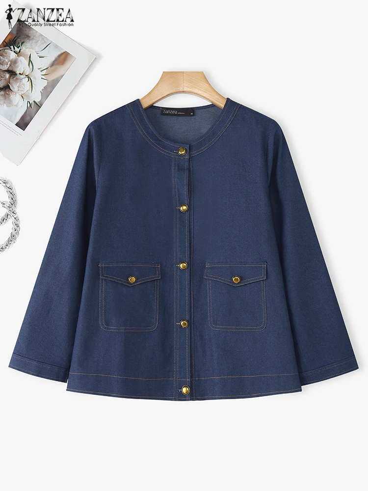 

ZANZEA 2022, осенние элегантные пальто, женские модные куртки, однобортные однобортные однотонные карманы с длинными рукавами, верхняя одежда, винтажные джинсовые пальто
