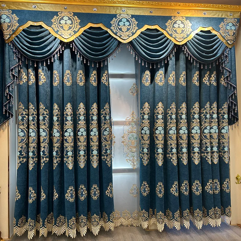 

Custom European living room classic villa Chenille embroidery bedroom blue cloth blackout curtain tulle valance drape C1636