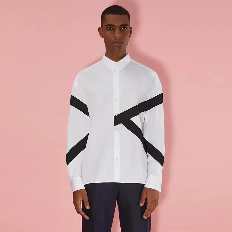 S-6XL 2025 novas roupas masculinas femininas personalidade preto e branco contraste desconstruído camisa plus size trajes cantor