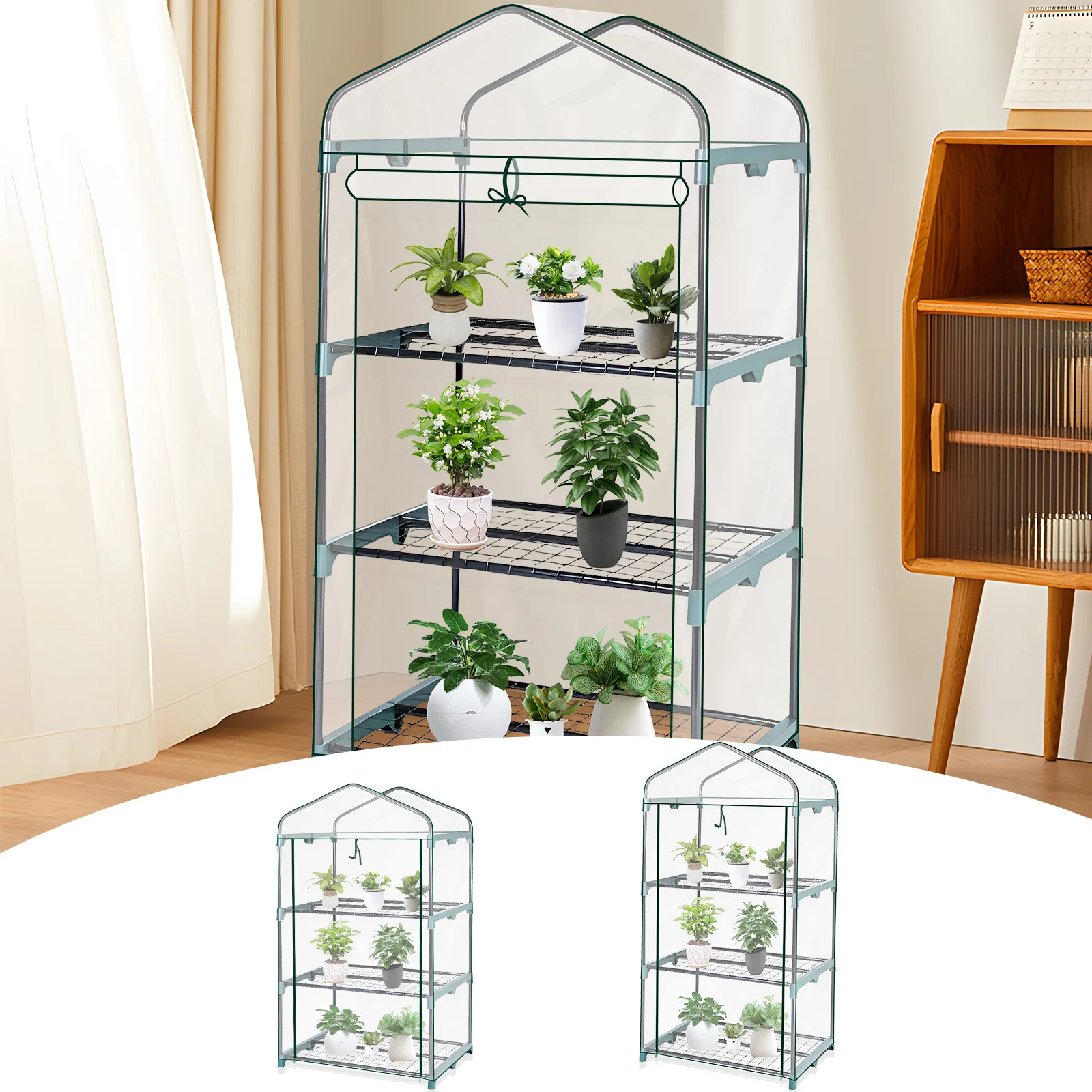 Garden Greenhouse 4 Tier Walk-in Green House Transparent Cover with Doors & Windows Small Waterproof Frost Without Iron Frame