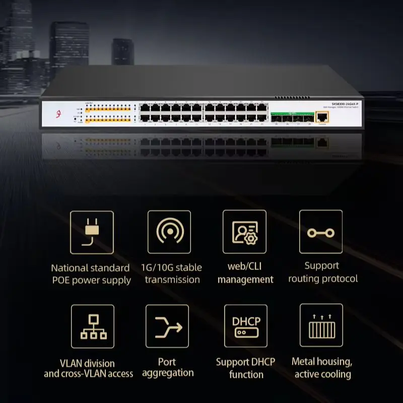 XikeStor three-layer managed PoE switch, 24 10/100/1000M Base-T PoE electrical ports + 4 1000M/10G SFP+ optical ports