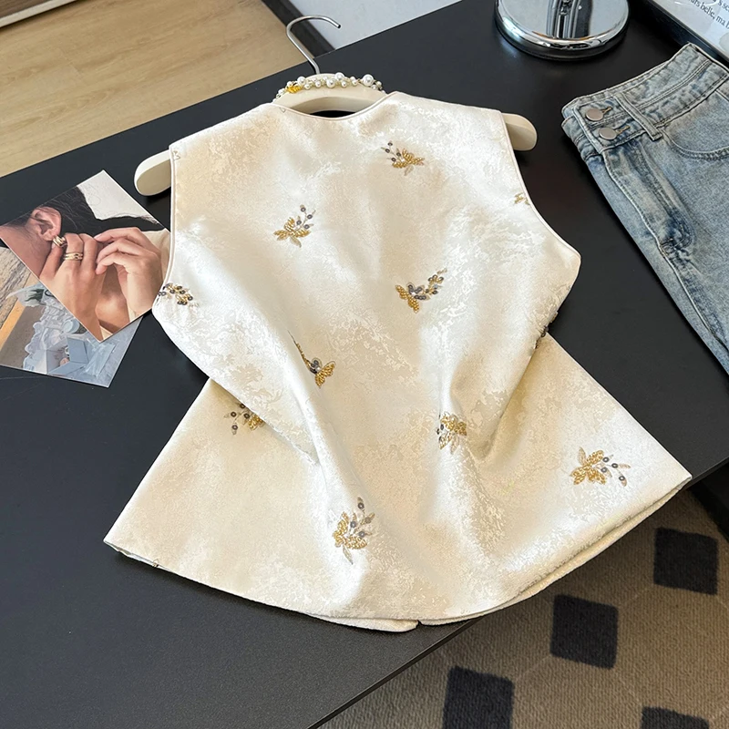 Elegant Chinese Style Embroidered Vest Women's Spring Fashion Champagne Color High-End Raised Flower Bead Embroidery Daily Wear