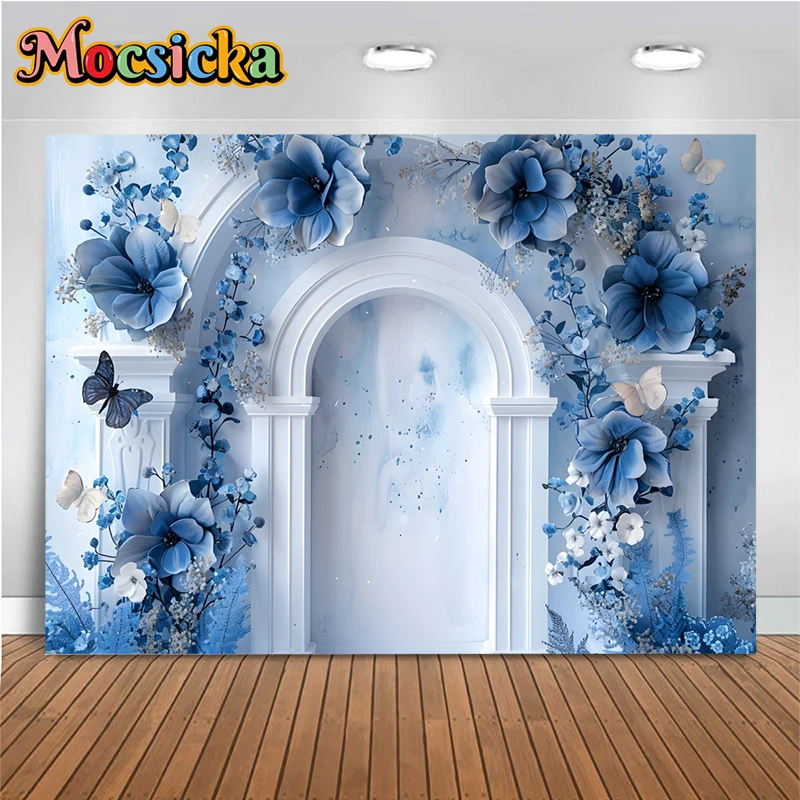 Blue Flower Wall Backgrounds For Photographs Butterfly Baby Shower Photo Birthday Wedding Backdrops Party Decorations Photocall
