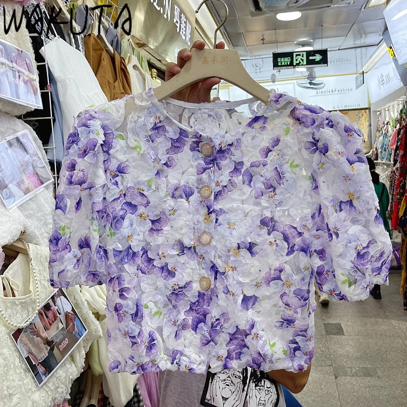 WAKUTA Short Sleeve Three Dimensional Decoartion Floral Shirt Blouses Women Summer 2024 Korean Style Sweet Vintage Crop Cardifan