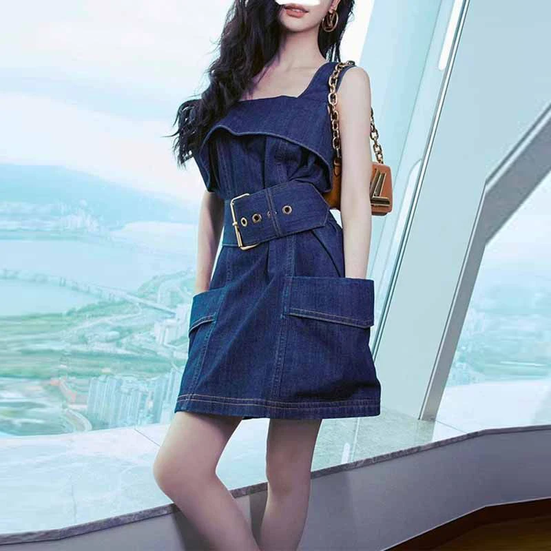 

Korean unique and beautiful denim skirt, summer new high-end waist strap dress vestidos de mujer