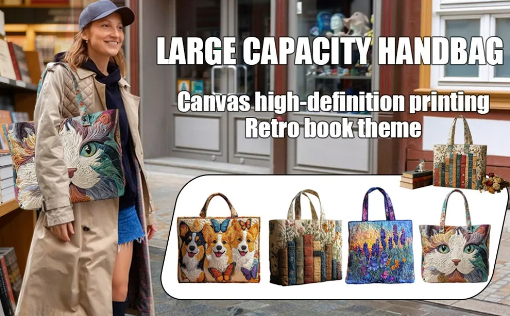 Vintage Damen Gesteppte Tragetasche 3D-Bedruckte Muster Baumwolle Reisetasche Leichte Große Kapazität Canvas Schultertasche – Detail 2