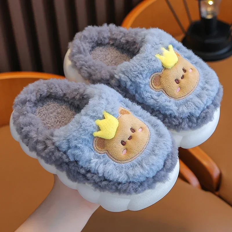 2024 New Winter Cute Rabbit Bear Cotton Flip Flops Children\'s Plush Slippers For Girls Boys Home Indoor Fluffy Mule Kids Shoes