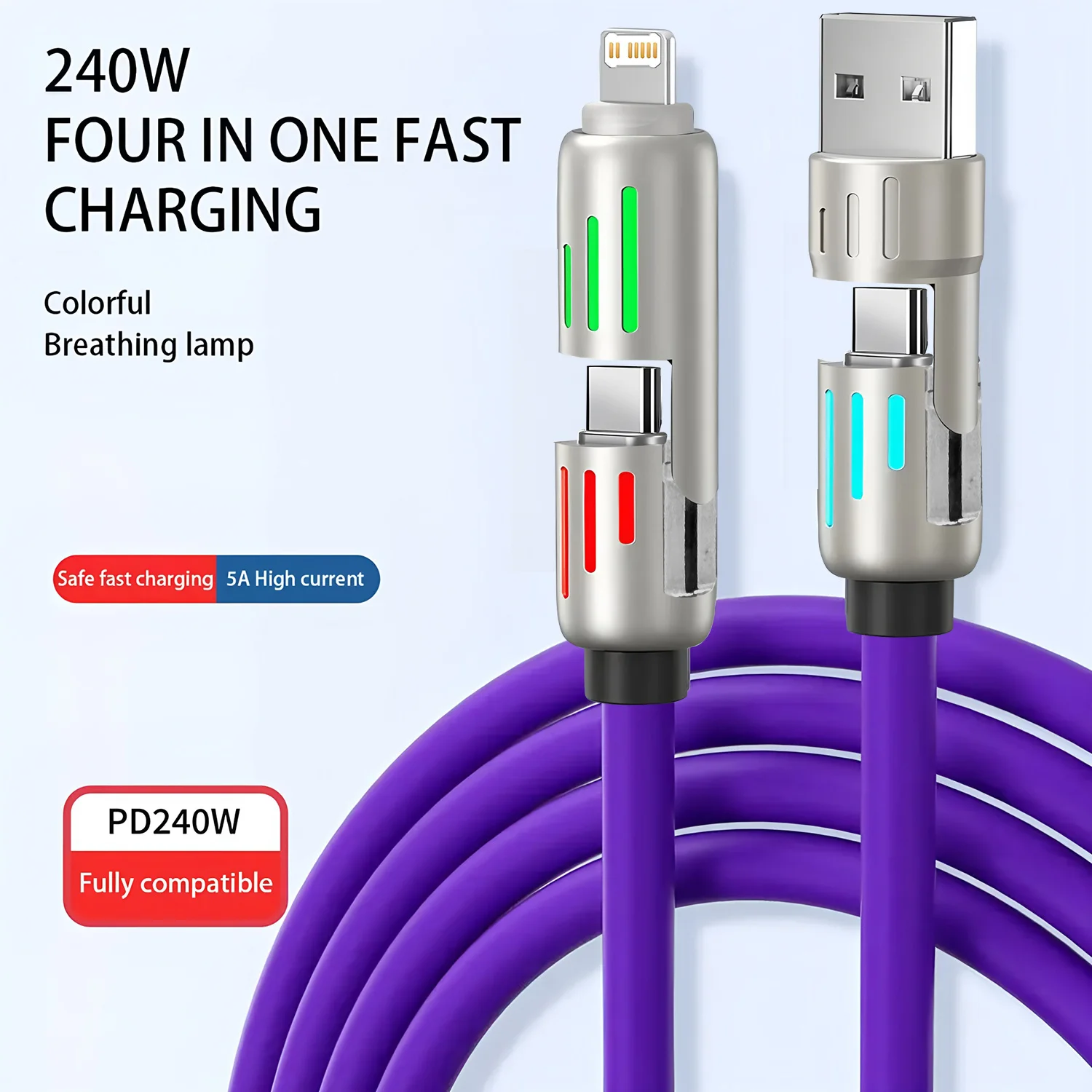 240W 4-in-1 Fast Charging Cable LED Glow USB A & USB C to Type C Lightning Multifunctional Charging Cord for iPhone 16 15 14 13 Huawei Xiaomi Samsung POCO