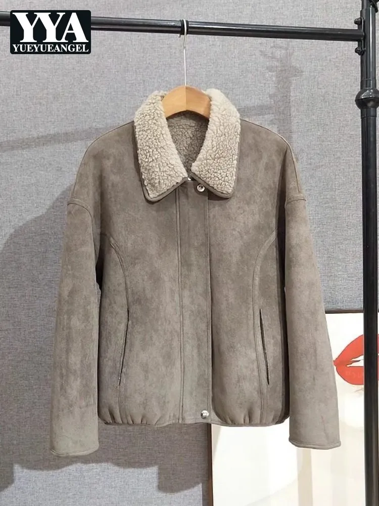 Office Ladies Winter Windproof Outerwear Turndown Collar Wool Lining Warm Coat Loose Long Sleeve Zipper Women Casual Short Top