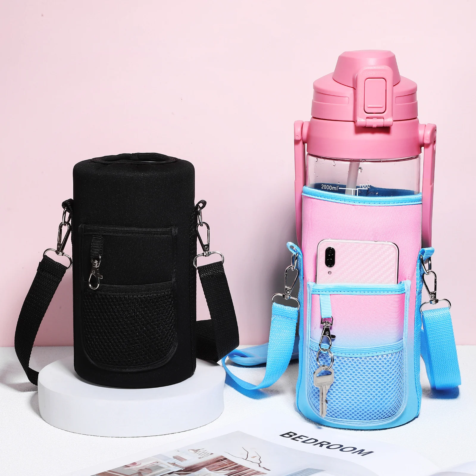 

2 pcs Water Bottle Carrier Bags 2000ML Black Blue Pink Gradient Metal Buckle Heat Preservation Anti Scalding Gym Camping Hiking