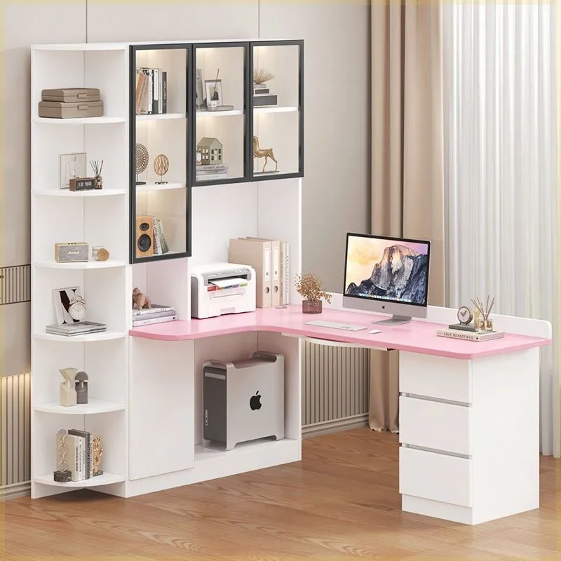 Desk with cabinet Solid wood corner computer desk Desk bookshelf combination Desktop writing integrated bookcase