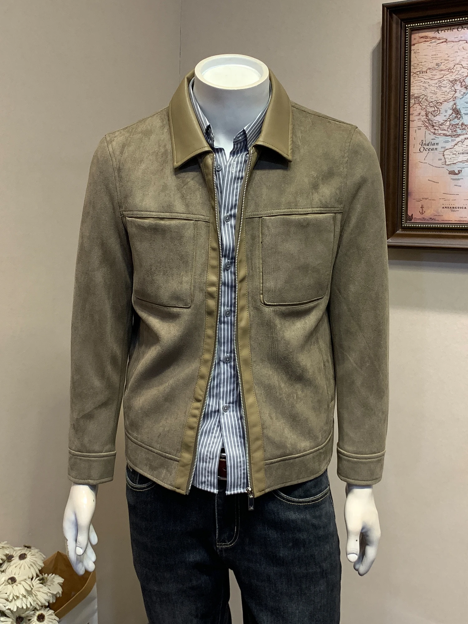 

Guzai Men's Slim Fit Suede Jaet ort Workwear Outerwear Commute Sle Polyester Fiber Zipper Closure No Hat Included