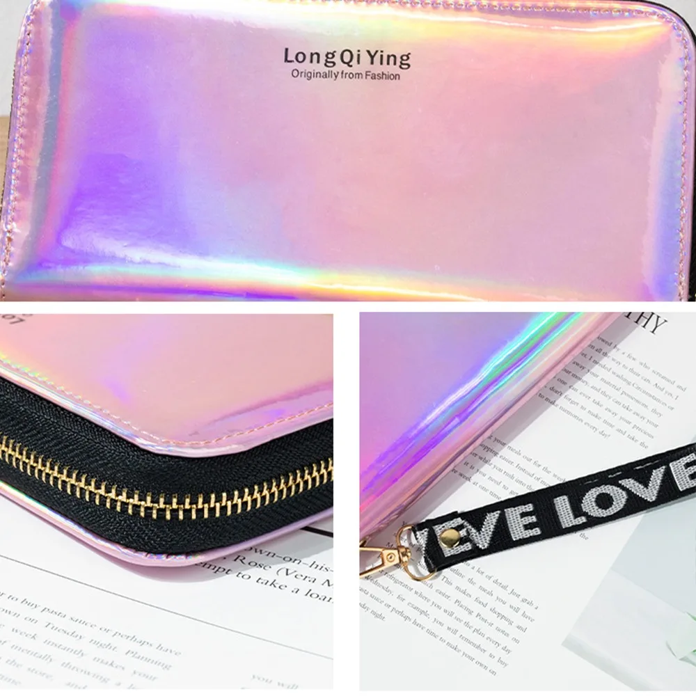 PU Leather Women Long Purse Multipurpose Fashion Large Capacity Lady Wallets Laser Zipper Purses Women