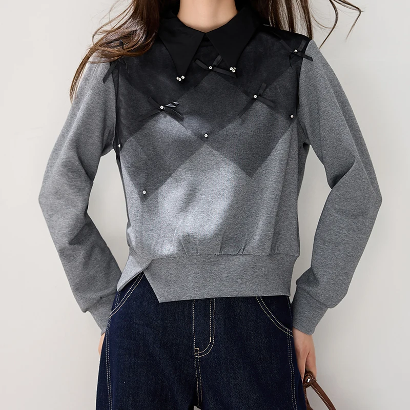 Sweatshirts Woman Winter Diamond-shaped Beaded Pullover Turn-Down Collar Bow Mesh Sweatshirt Autumn Grey Cropped Tops