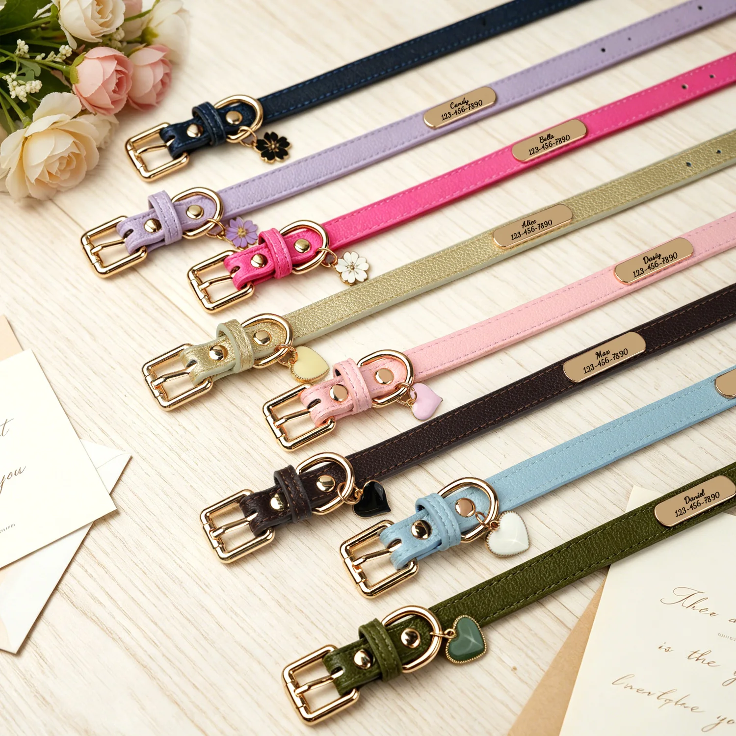 Luxury & Soft Leather Personalized Dog Collar and Pendant Pet Puppy Cat ID Nameplate Engraved for Small Medium Dogs