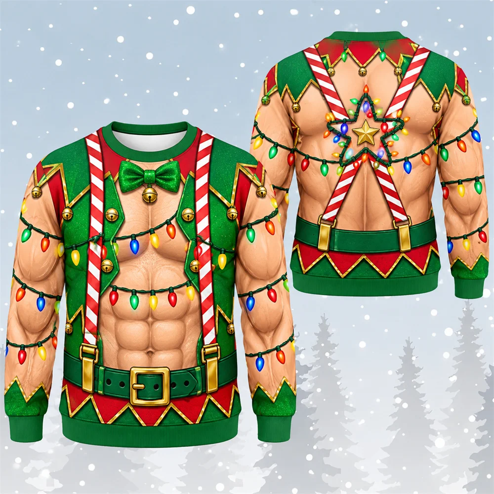 Humour Fun 3D Print Colorful Lights And Muscle Patterns Christmas Ugly Sweater For Men Holiday Personality Unique Sweatshirt New