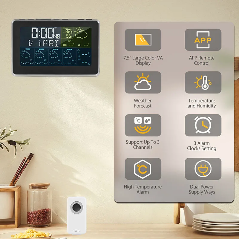 Smart Weather Station Indoor Outdoor Tuya WiFi Temperature Humidity Monitor 7.5 Inch Color Screen Display With 3 Alarm Clock