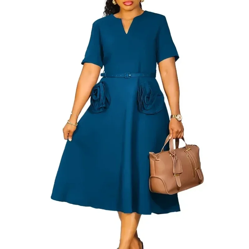 Elegant Fashionable V-neck elegant short-sleeved waist A-line dress Dress For Women's 2025 Spring Summer New Collection