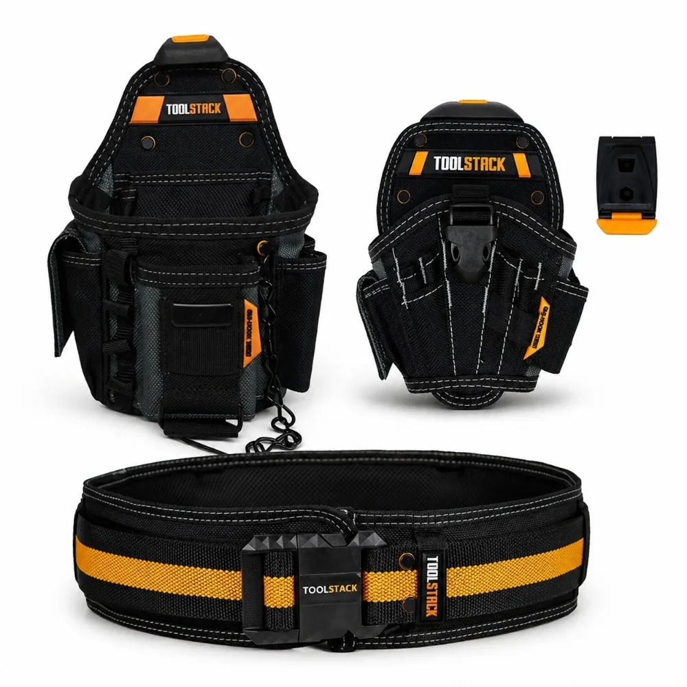 

TOOLSTACK 3PCS 1200D Oxford Electrician Tool Belt Set, Adjustable Belt + Multi-Pocket Pouch + Drill Holster for Repair Work
