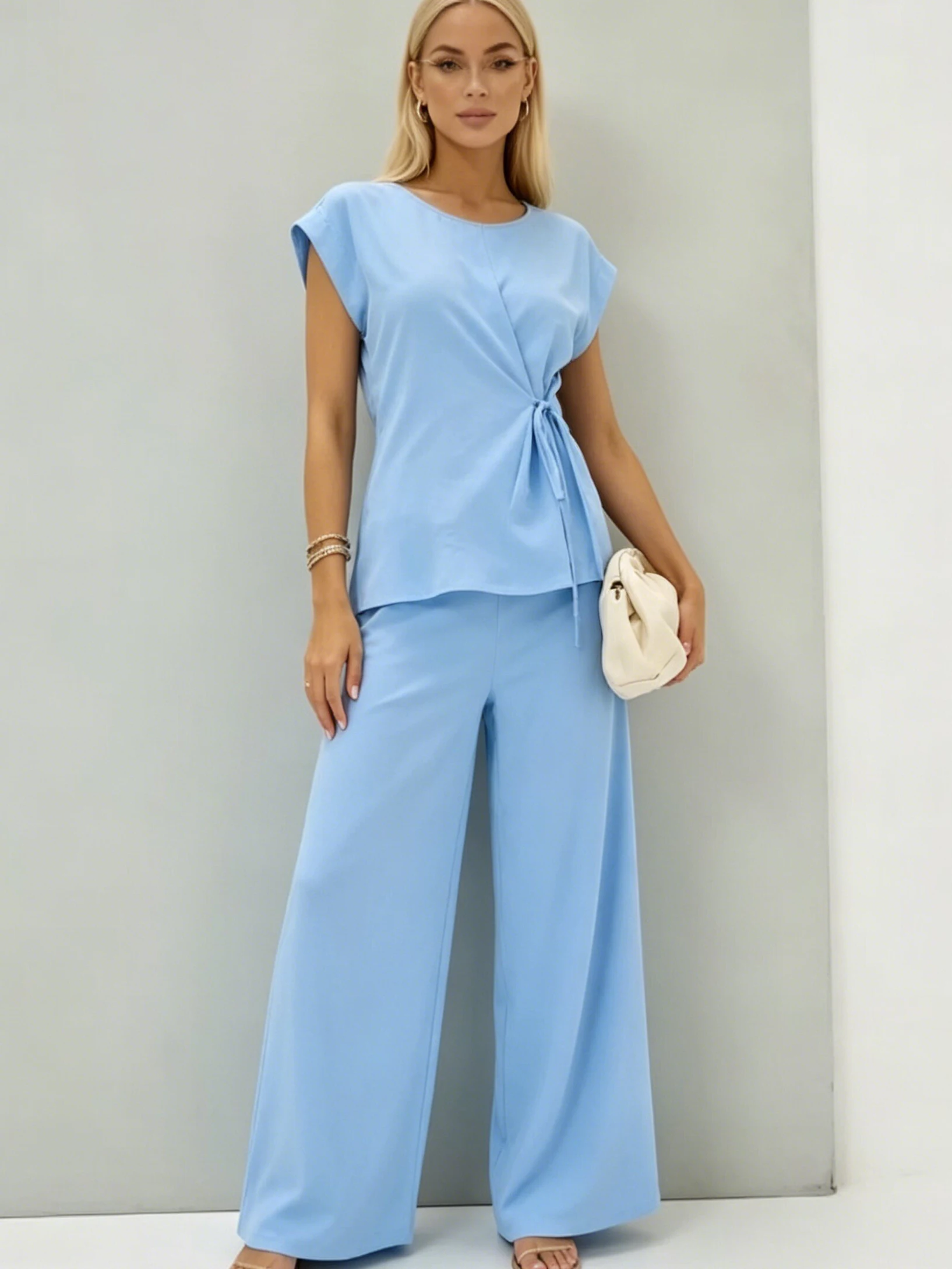 

LIMO Women's 2-Piece Set Cap Sleeve Waist Tie Top & High Waist Wide Leg Pants Casual Elegant Outfit