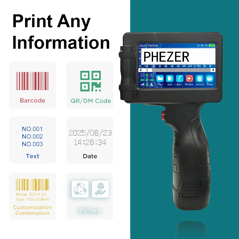 Phezer 1755 Handheld Inkjet Printer 12.7mm Portable Label Printing Machine Expiry Date Number QR Bar Code Logo Red Blue Black