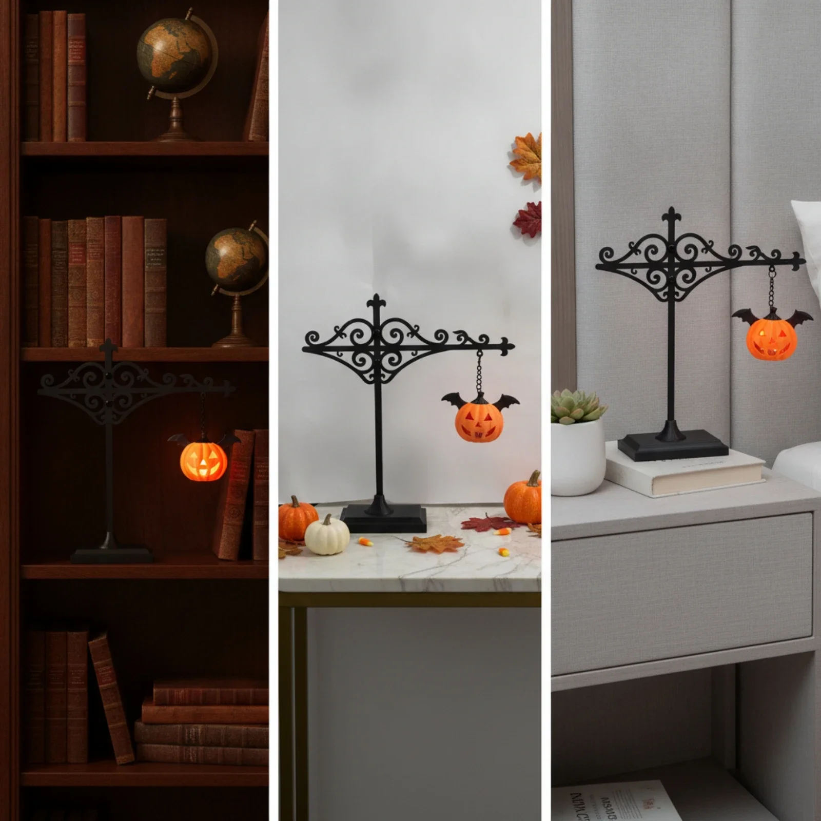 Lantern with Pumpkin Ornament Decorative Craft Lantern Light Decor Black Metal Festive for Bookshelf, Reading Corner