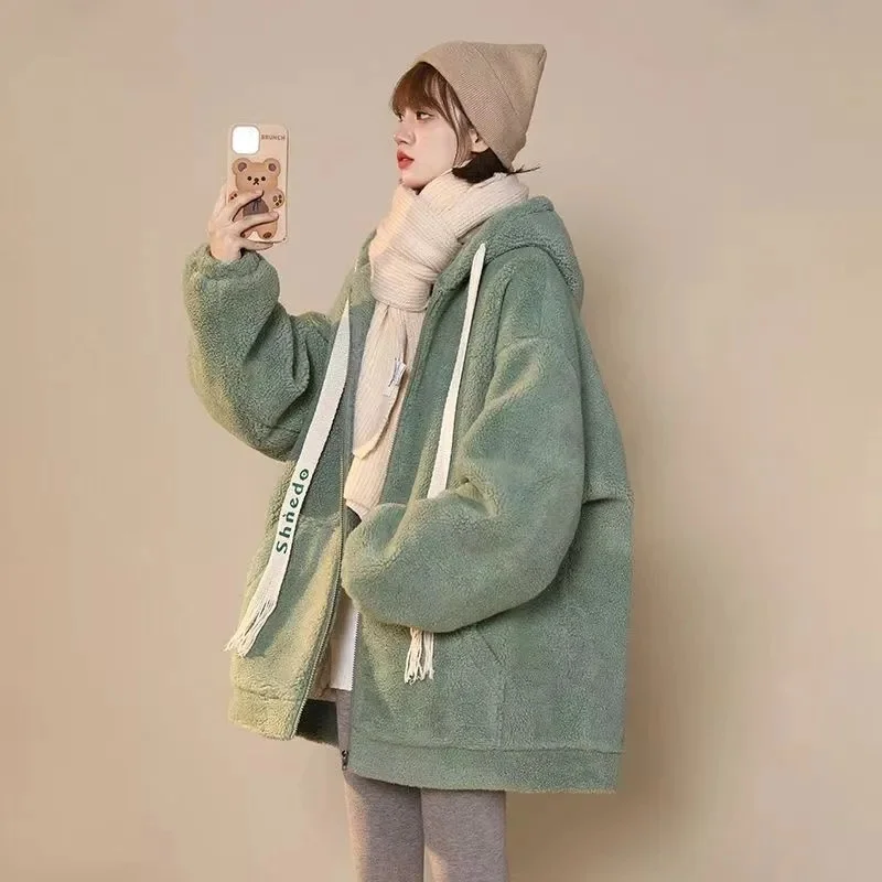 

Korean Imitation Lamb Cashmere New 2023 Winter Plush Retro Fashion Hooded Loose Plush Warm Women's Coat Solid Color Commuting