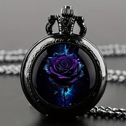 Retro Purple Rose Quartz Pocket Watch, Black Necklace Pocket Watch For Men And Women