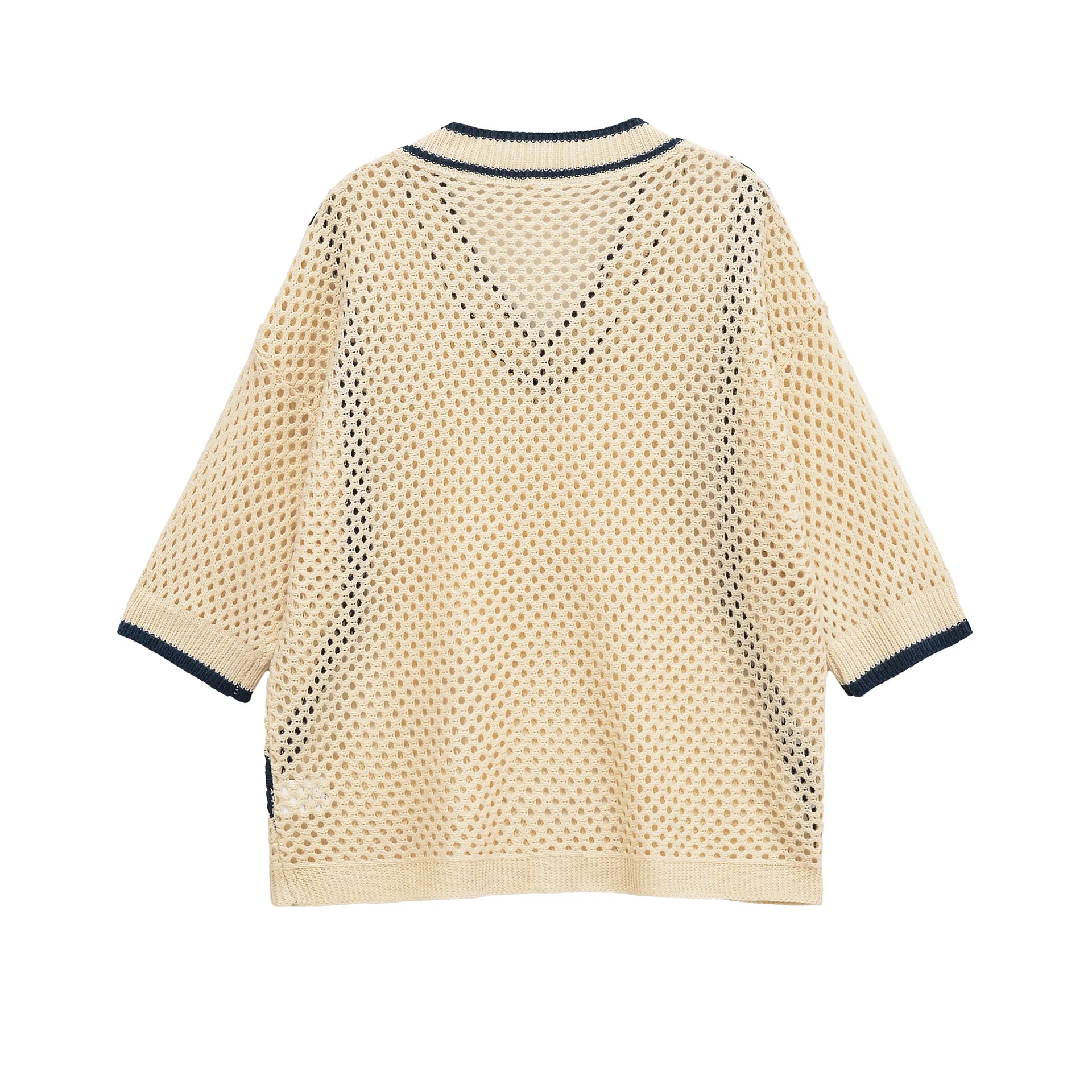 Cross-border new women's fashion internet celebrity hot style loose V-neck contrast knitted top hollow sweater versatile