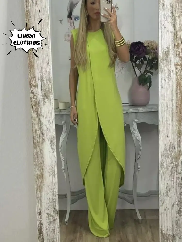 2023 Fashion Summer New Casual Sleeveless Round Neck Sunscreen Suit Large High Waist Wide Leg Pants Women\'s Two Piece Set