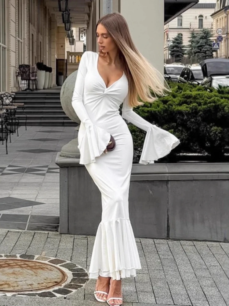2025 New European Style Dress Pure Color V-Neck Flounce Flared Sleeve Dress Bodycon Mermaid Evening Dress French Inspired