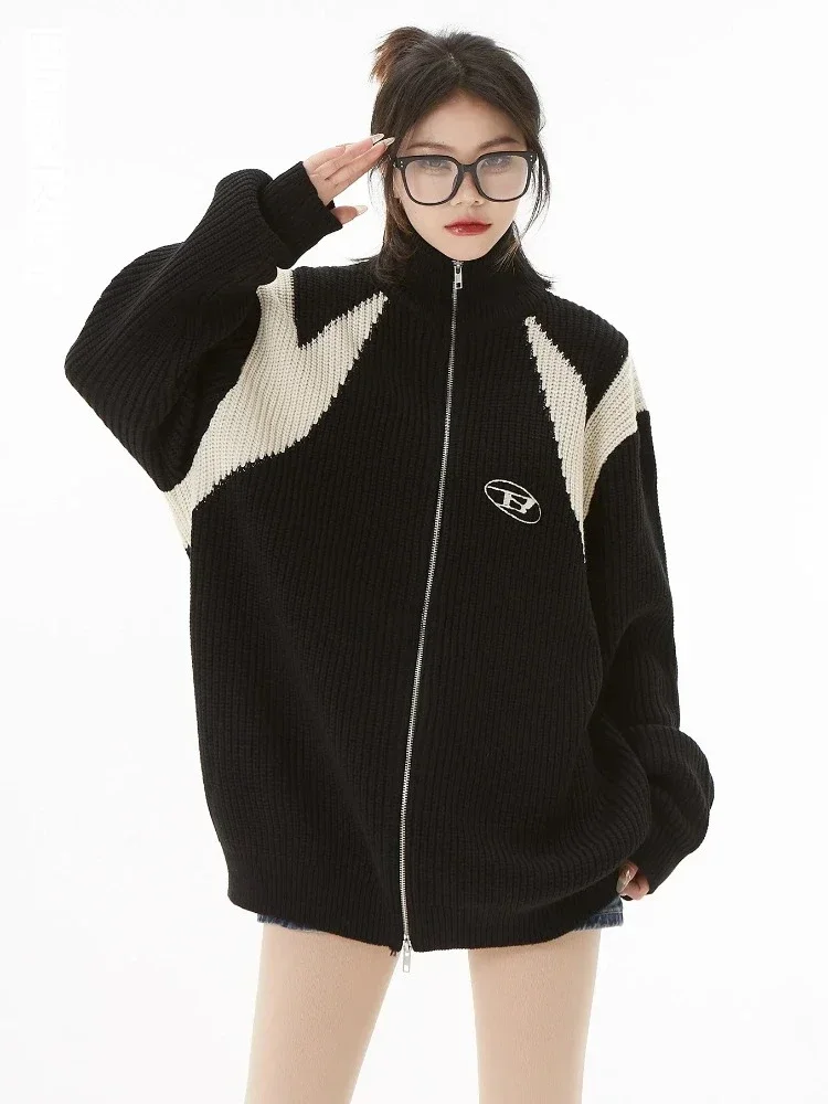 American Retro Knitted Cardigan Women Loose Zip Up Street Embroidery Sweater Mujer Casual Hip Hop Patchwork Double Zipper Tops