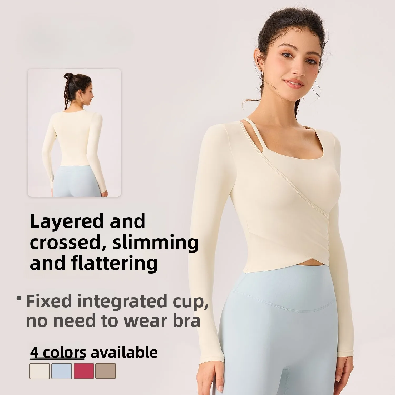 Women Sporty High Stretch Long Sleeve T-Shirt with Chest Cushion for Pilates Fitness Slimming Autumn Winter