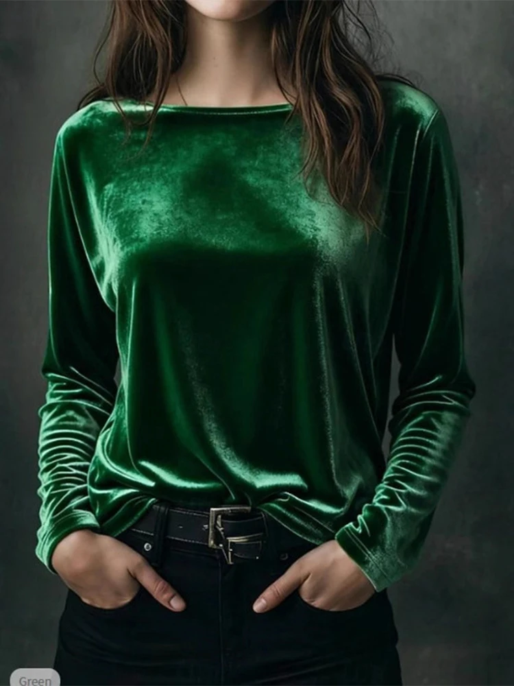 

Autumn Winter Velvet T-Shirts Woman 2026 Casual Round Neck Tops Solid Color Slimming Blouse Female Velour Shirts blusas mujer