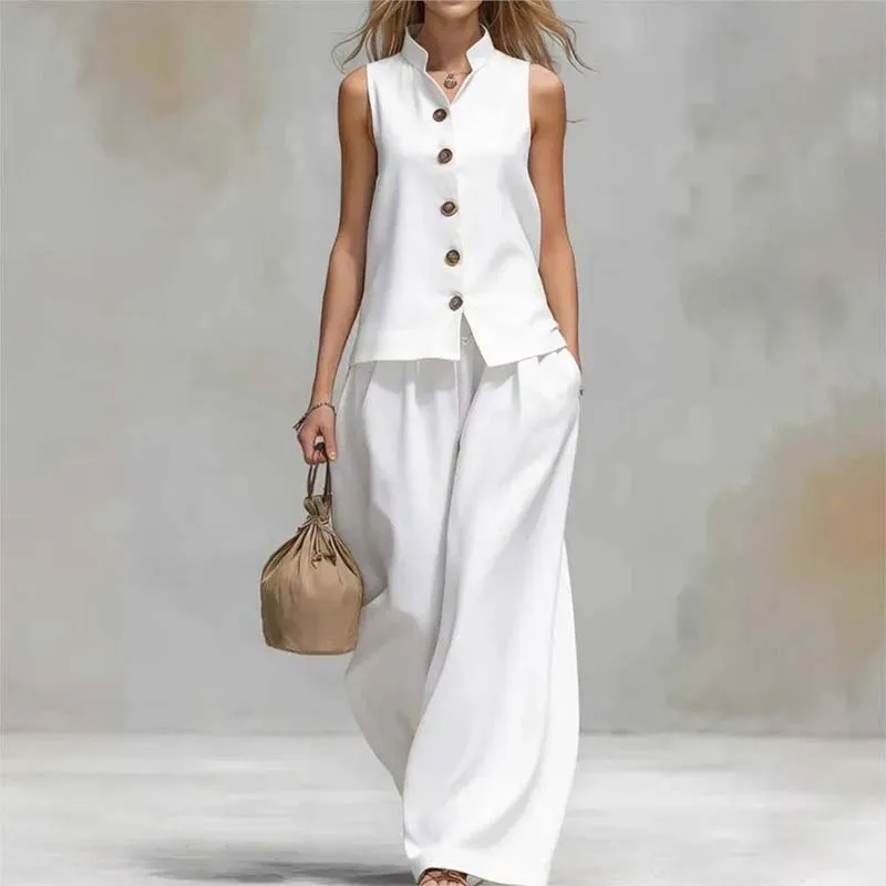 

Fashion Stand-up Collar Sleeveless Single-breasted Top + Trousers 2-piece Set Women's Summer Pocket Loose Wide-leg Trousers Sui