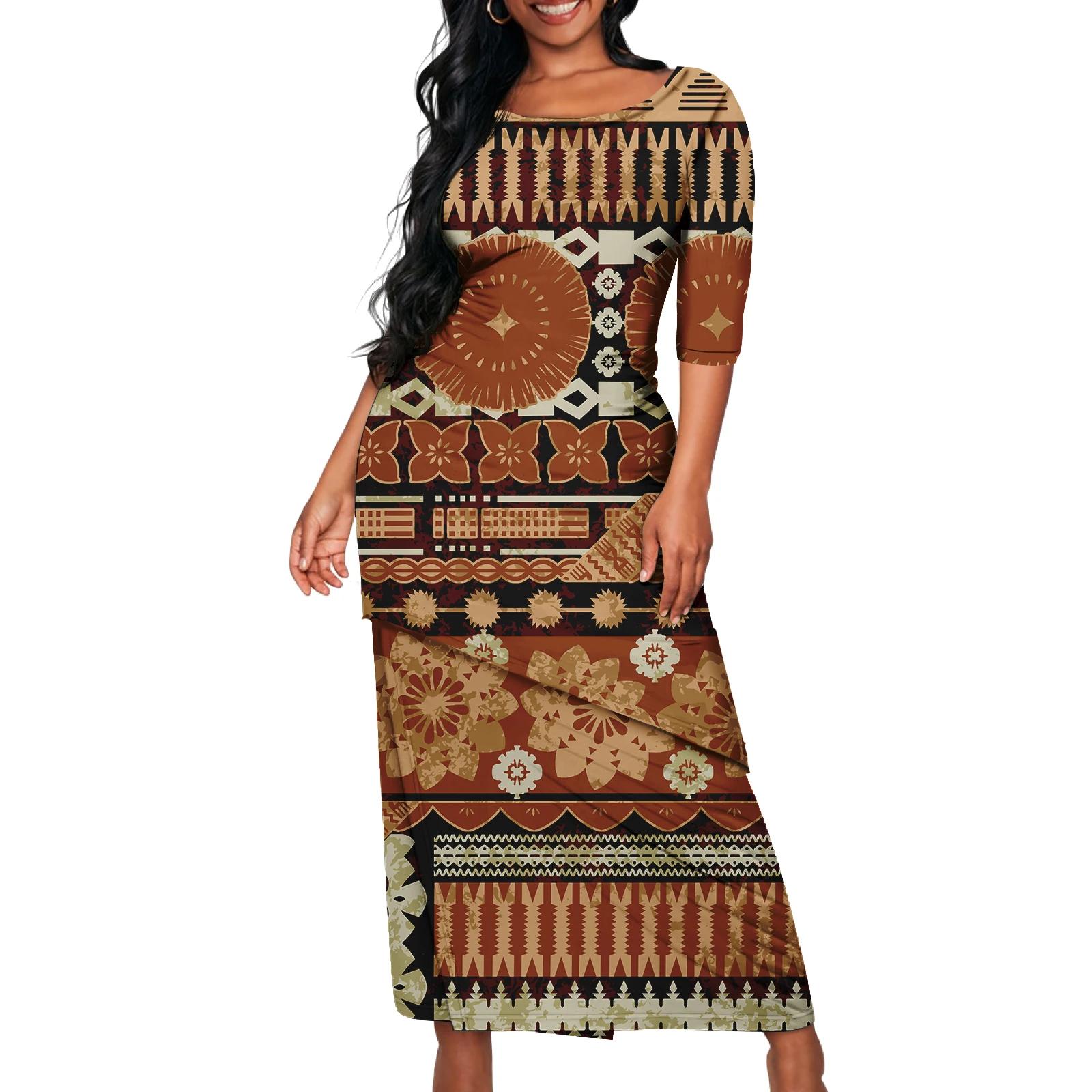 Samoan Puletasi Plus Size Women\'s Clothing Tonga Fiji Tribal Maxi Dress Asia & Pacific Island Dress 2pcs Crewneck Womens Dress