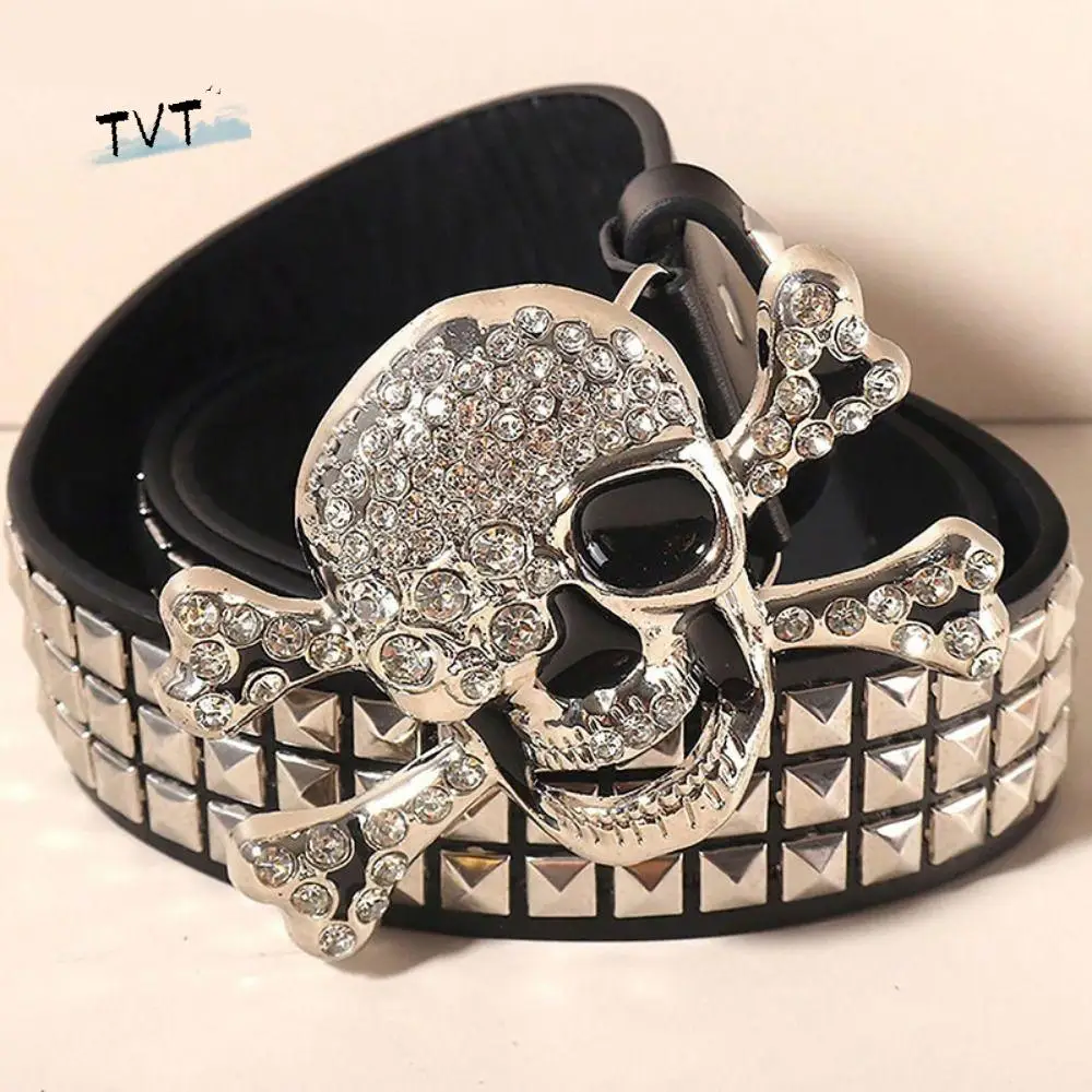

Fashion Rhinestone Skull Wide Waistband Adjustable Hip-hop Black Rivet Belt PU Leather Cool Skeleton Belt Trouser Decoration