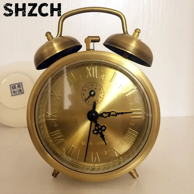 Antique Copper Clockwork Mechanical Alarm Clock Hotel Bar Hotel Decor Metal Double Bell European Table Clock Home Decor LA231