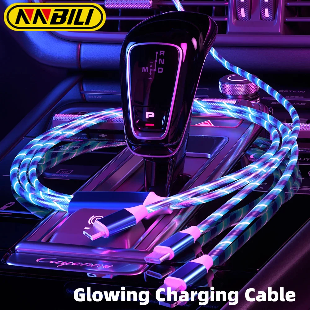 NNBILI 4 colors 3in1 Fast Charging Luminous USB Data Cable For iPhone Android phone Type C Xiaomi Huawei Samsung Charger Wire